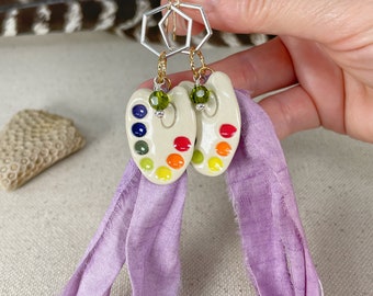 Boho Sari Silk Artist Paint Palette - Ceramic, Silver, 22 karat gold filled Handmade Drop Earrings