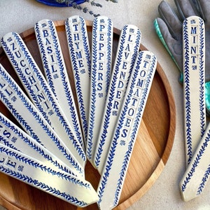 Blue and White Large Garden Plant Markers, Oversized Ceramic Plant Tags, Gardening Gift