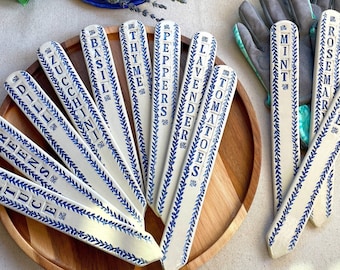 Blue and White Large Garden Plant Markers, Oversized Ceramic Plant Tags, Gardening Gift