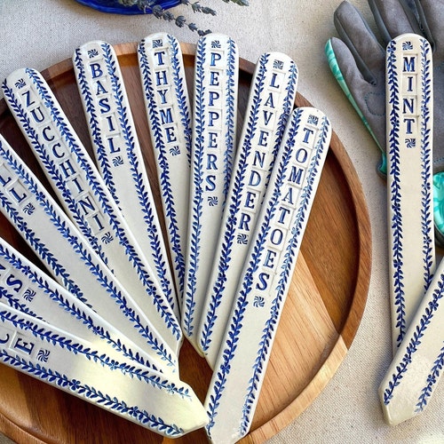 Blue & White Large Garden Plant Markers, Oversized Ceramic Plant Tags, Gardening Gift