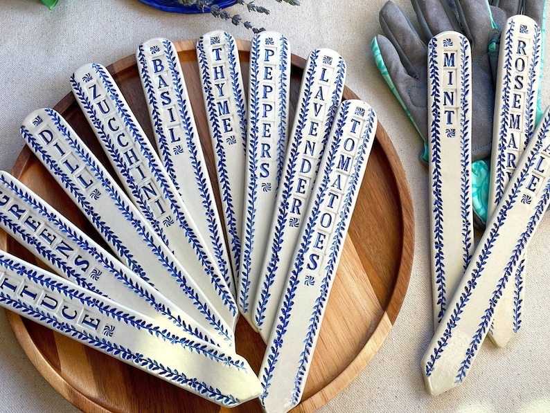Blue and White Large Garden Plant Markers, Oversized Ceramic Plant Tags, Gardening Gift image 1