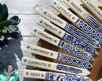 Blue and White Herb Garden Plant Markers, Ceramic Plant Tags Herbs, Gardening Gift