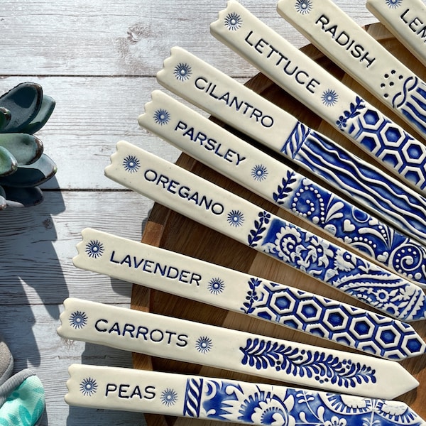 Blue and White Herb Garden Plant Markers, Ceramic Plant Tags Herbs, Gardening Gift