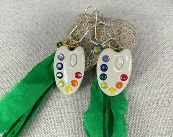 Boho Sari Silk Artist Paint Palette - Ceramic, Silver, 22 karat gold filled Handmade Drop Earrings