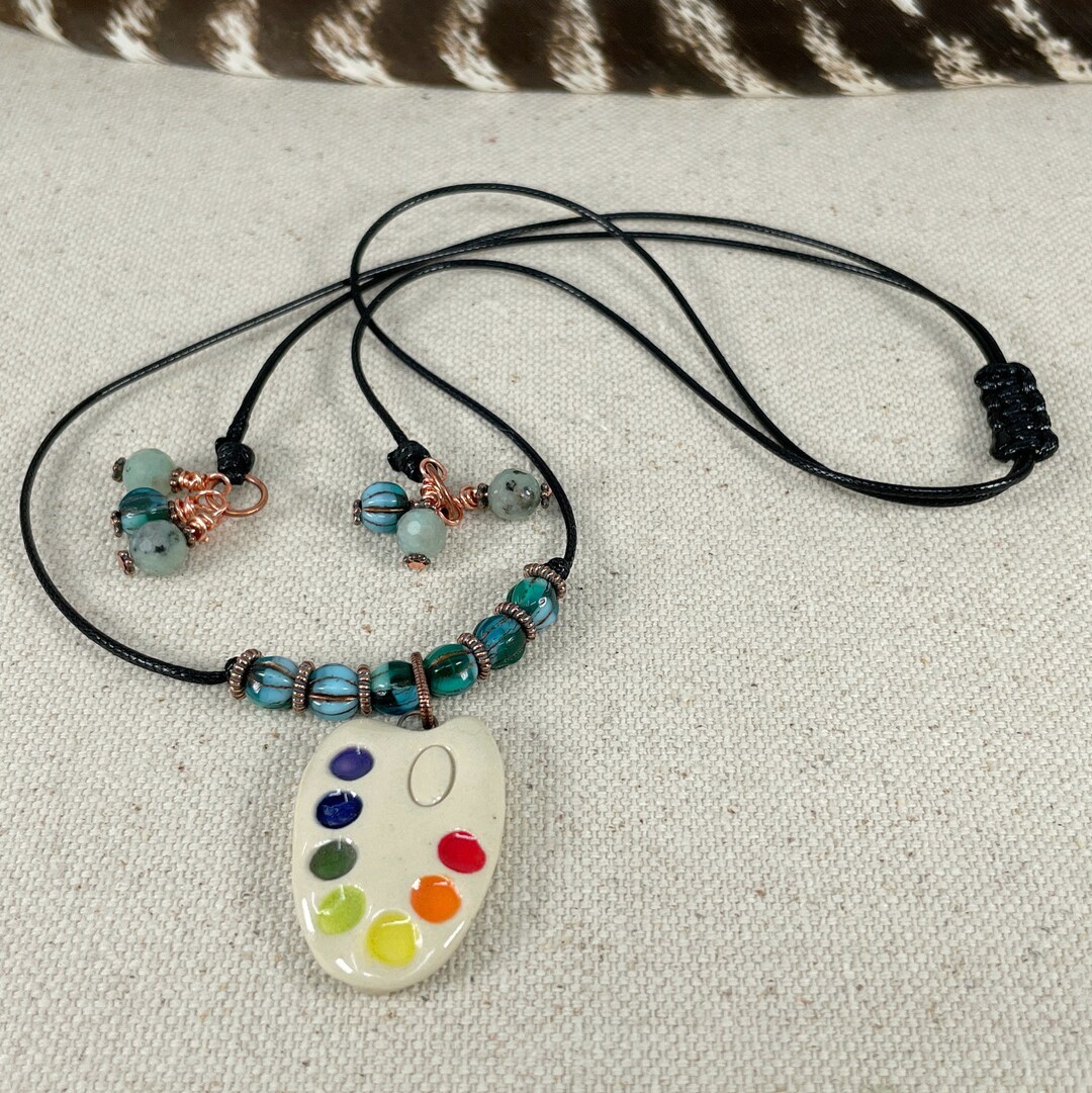 Boho Artist Palette Pendant Necklace, Ceramic, Gemstone, Handmade