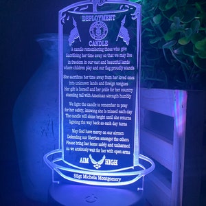 May include: A blue and white candle with a deployment candle design. The candle has a poem about a service member deployed overseas. The poem reads: "A candle remembering those who give Sacrificing her time away so that we may live in freedom in our vast and beautiful lands where children play and our flag proudly stands She sacrifices her time away from her loved ones into unknown lands and foreign tongues Her gift is herself and her pride for her country standing tall with American strength humbly We light the candle to remember to pray for her safety, knowing she is missed each day The candle will shine bright until she returns lighting the way back as each day turns May God have mercy on our airmen Defending our liberties amongst the others Please bring her home safely and unharmed As we anxiously wait for her with open arms AIM HIGH SSgt Michela Montgomery"