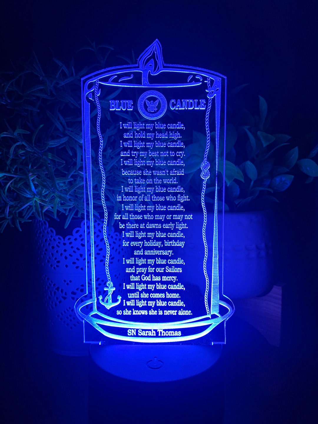 NAVY blue Candle Poem Candle and Anchor LED Acrylic Personalized Light