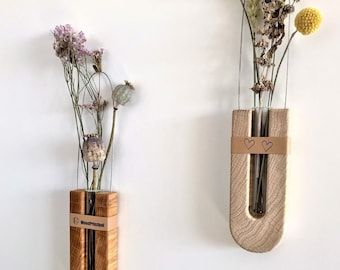 Wall decoration Viktoria - wooden vase, test tube, dried flowers, oak