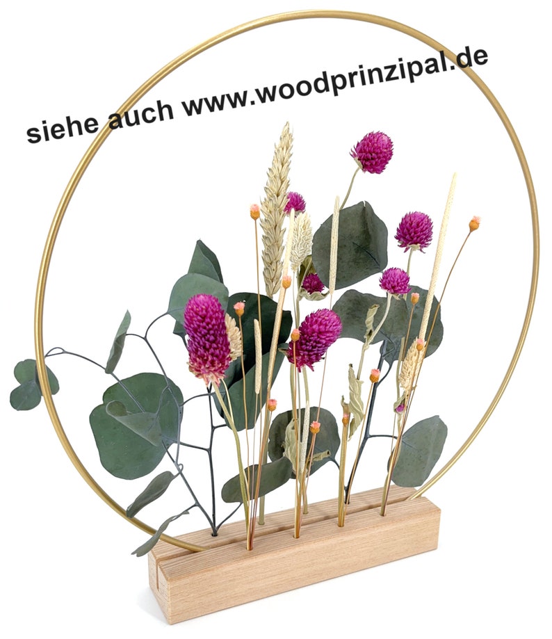 Flowerboard Steffi Trockenblumen Holz Ständer, Kranz Metallring gold / schwarz / weiß personalisierbar Bild 2