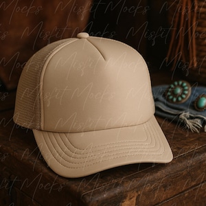 Khaki Otto Trucker Hat Mockup | Western Hat Flatlay | Boho Cowgirl Aesthetic Hat Photo | Trucker Cap Mock I Tan Beige Foam trucker hat