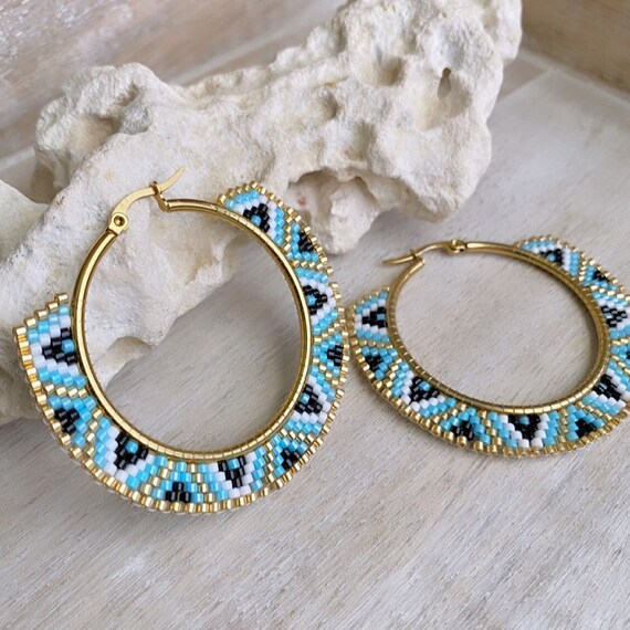 Beaded Hoop Earrings Hoop Earrings Blue Earrings Seed Bead