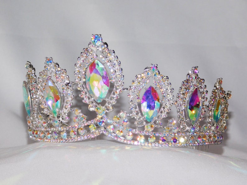 AB Iridescent Crystal Tiara Silver Rhinestone Crown Modern Headpiece Queen Crown 1212 Bridal Pageant Wedding Crown