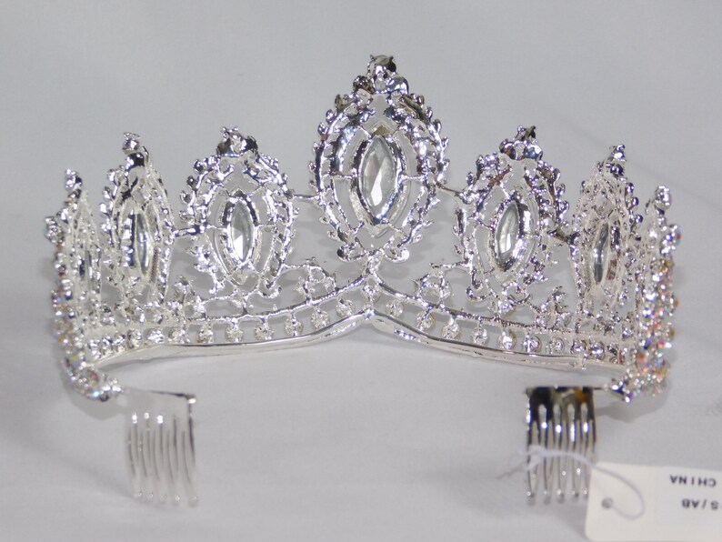 AB Iridescent Crystal Tiara Silver Rhinestone Crown Modern Headpiece Queen Crown 1212 Bridal Pageant Wedding Crown