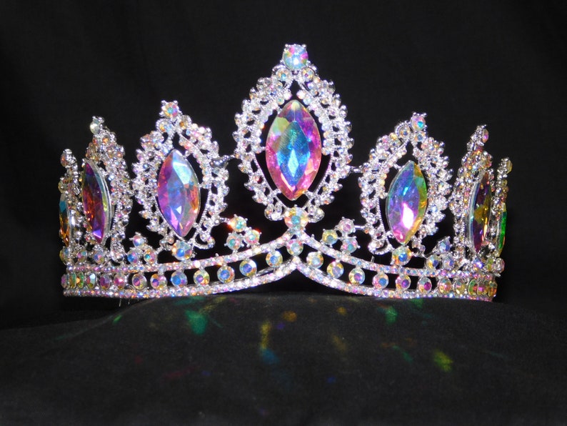 AB Iridescent Crystal Tiara Silver Rhinestone Crown Modern Headpiece Queen Crown 1212 Bridal Pageant Wedding Crown
