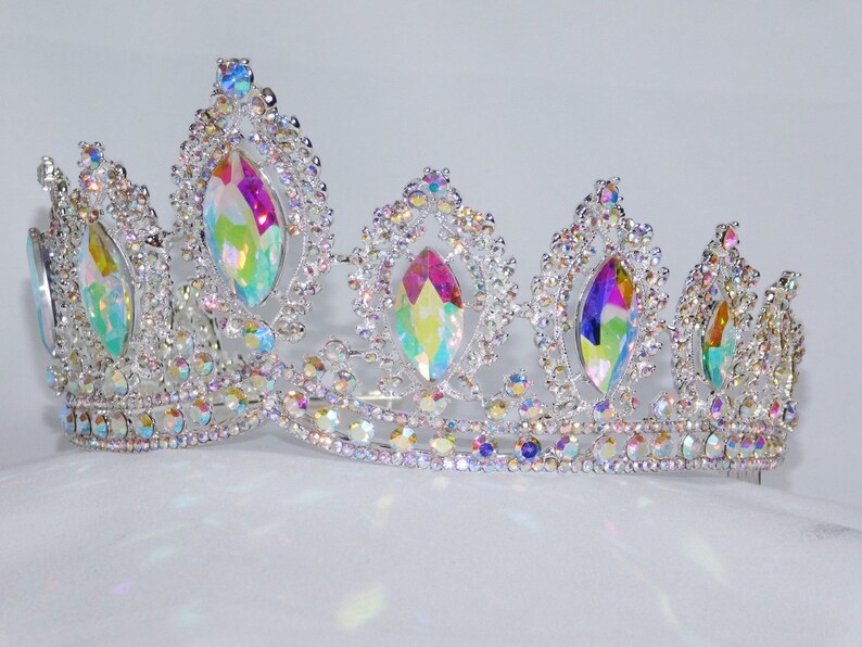 AB Iridescent Crystal Tiara Silver Rhinestone Crown Modern Headpiece Queen Crown 1212 Bridal Pageant Wedding Crown