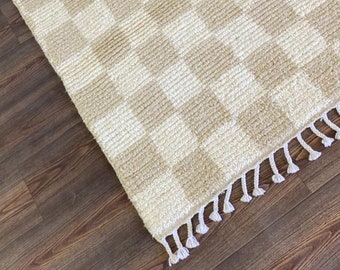 Beige and white neutral checkered rug: Moroccan wool checkerboard rugs for living room!