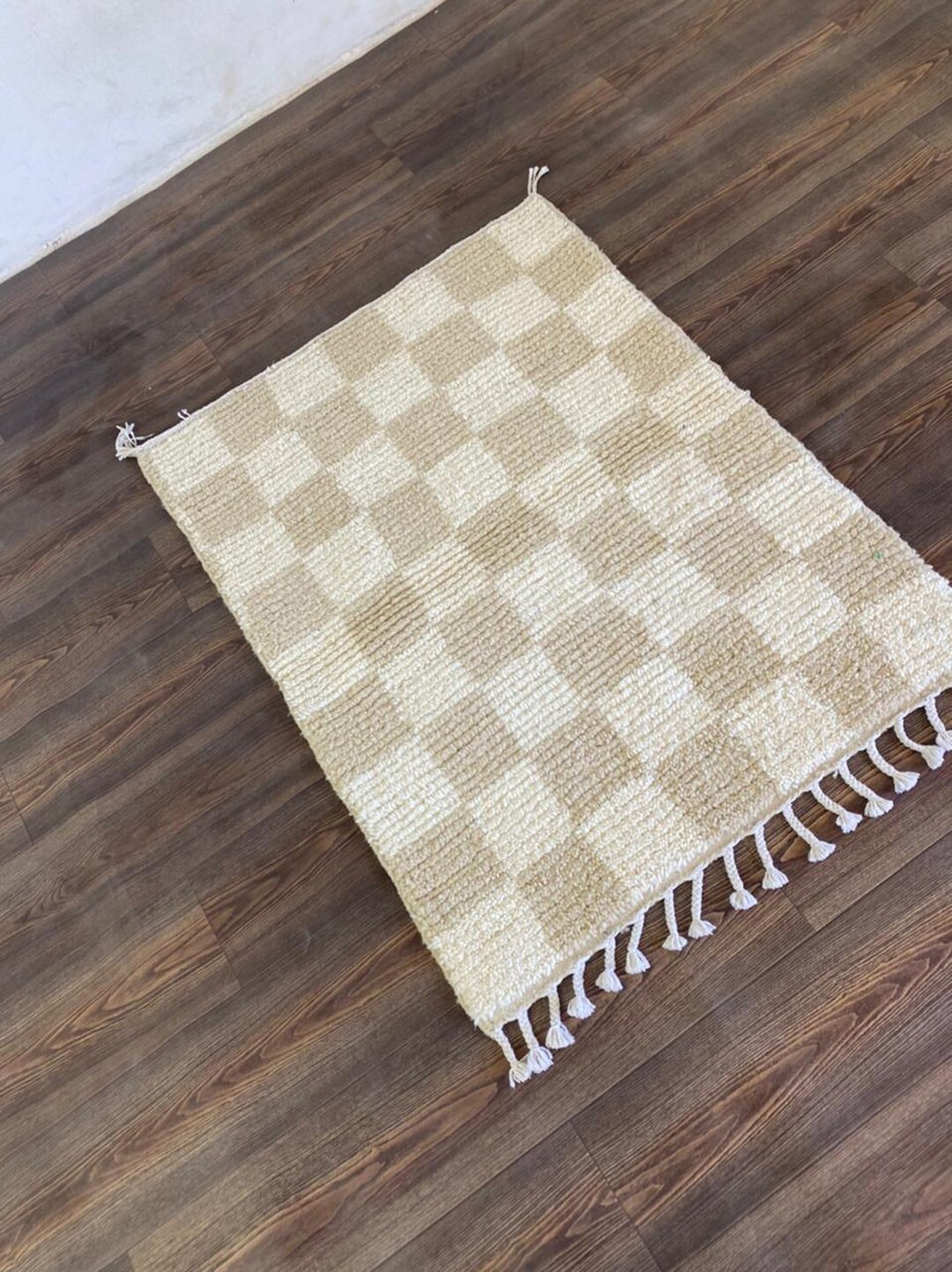 Beige and White Neutral Checkered Rug Moroccan Wool Checkerboard Rugs