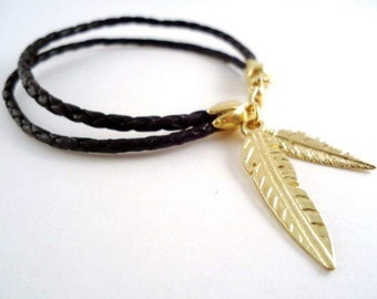 Braided leather bracelet with gold plated feather charms *** Braided leather bracelet with gold-plated feather charms