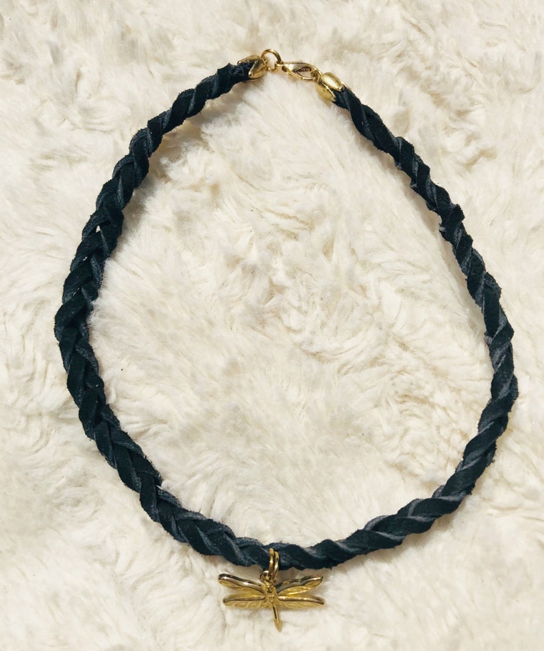 Hand braided black suede choker with dragonfly brass charm image 1
