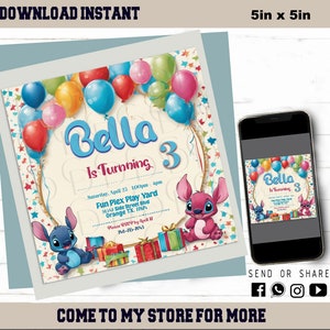 Invitation d’anniversaire Stitch, Invitation Kids, Carte d’anniversaire thème Stitch, Entièrement modifiable, Invitation modifiable pour enfants, Invitation numérique pour enfants