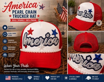 Trucker-Cap mit Perlenkette aus Amerika – Patriotischer Stil mit einem Hauch von Glamour