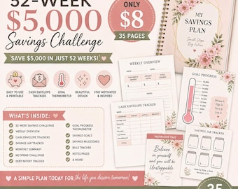 52-Wochen-Spar-Challenge: 5.000 € sparen (zum Ausdrucken) | 35-seitiger Budgetplaner