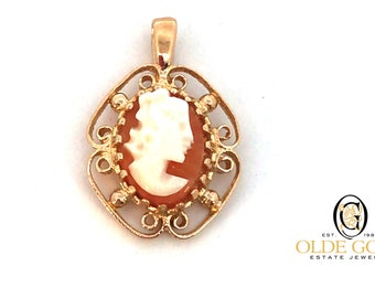 Vintage Cameo Oval Gold Filigree Side Facing Head Pendant -  Estate Jewelry