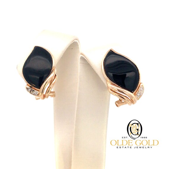 Retro Black Onyx Gold Omega Earrings -  Estate Jew