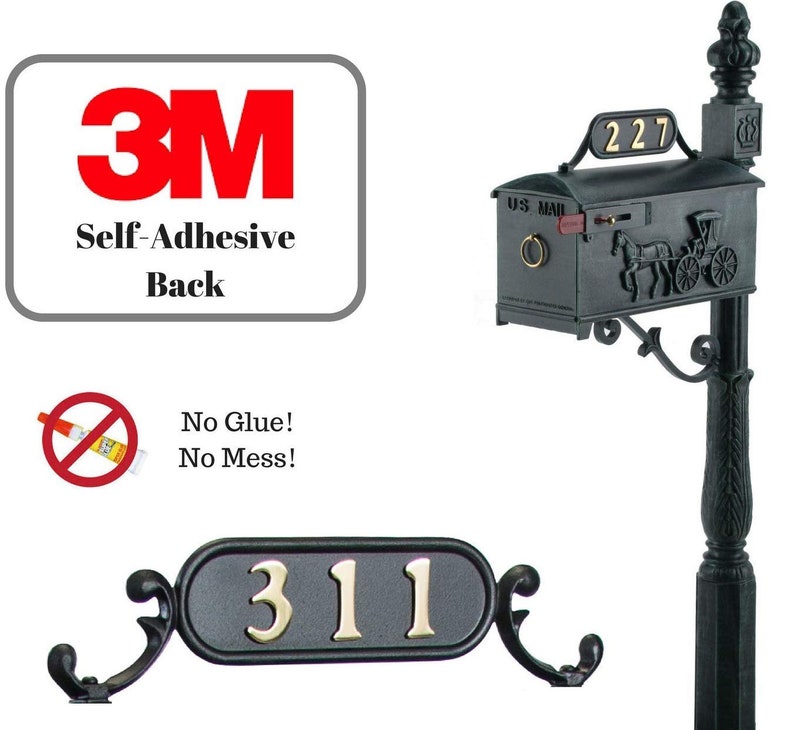 May include: Black metal mailbox with a horse-drawn carriage design and a 3M self-adhesive back. The mailbox has a US Mail label and a number 227 on the top. A separate black metal house number plaque with the number 311 is also shown.