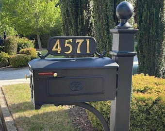 Mailbox Address Number Plate 3 with Brass Numbers | Rust-Proof Cast Aluminum, Hardware Included, 5 Digits/Side, 13 5/8″ Mounting Holes