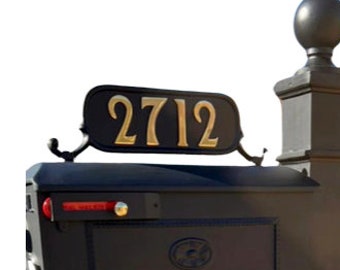 Mailbox Address Number Plate 3 with Brass Numbers | Rust-Proof Cast Aluminum, Hardware Included, 5 Digits/Side, 13 5/8″ Mounting Holes
