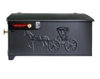 May include: Black mailbox with a horse-drawn carriage design. The mailbox has a red flag and a brass handle.