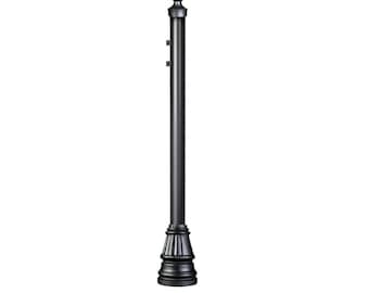 May include: Black metal post with a rounded top and a decorative base. The post is approximately 8 feet tall.