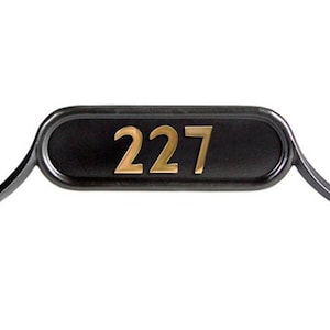 May include: Black address plaque with the number "227" in gold lettering. The plaque is oval-shaped with curved arms extending from each end, featuring mounting holes. The background is a matte black finish.