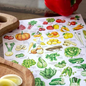 Obst und Gemüse Poster A3 Saisonkalender Print Kunst Illustration Aquarell Kalender 2025 besonderes Geschenk Geburtstag für Sie Nachhaltig