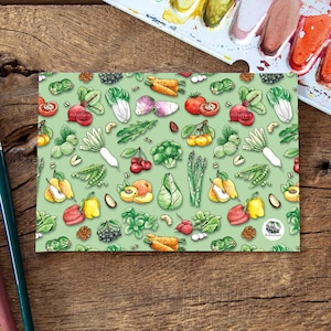 Postal de frutas y verduras acuarela, A6, decoración, impresión de arte, ilustración, frutas, verduras, regalo de calendario de temporada, vegano