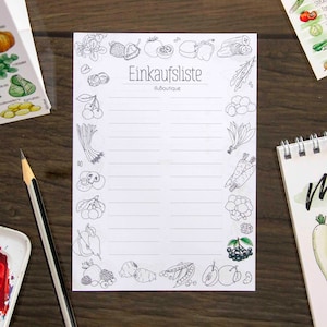 Notizblock Einkaufsliste Wochenplaner mit Aquarell Illustrationen Obst Gemüse DIN A6 Menüplaner Einkaufszettel für Organisation
