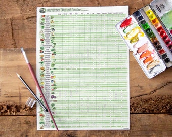 Calendario stagionale, poster, A3, A4, anno, frutta e verdura, decorazione, stampa artistica, illustrazione, cucina, regalo, acquerello vegano
