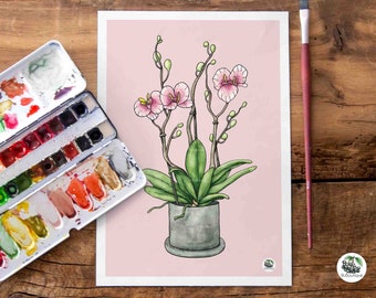 Cartel de orquídeas, A4, planta de interior pintada a mano, ilustración de la naturaleza, decoración, grabado, ilustración, decoración, regalo especial, Navidad