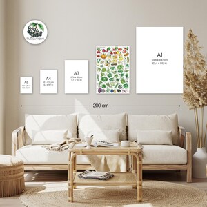 Wohnzimmeransicht mit fünf Postern in den Größen A5 bis A1. Ein Saisonkalender Poster mit Obst und Gemüse ist im A2 Format zu sehen. Die Poster sind mit genauen Maßangaben in Zentimetern versehen. Naturtöne und helle Möbel schaffen eine ruhige Atmosphäre. Die Illustration zeigt saisonale Lebensmittel im Aquarellstil. Ideal zur Größenorientierung vor dem Kauf. Dekorativ. Praktisch. Nachhaltig.