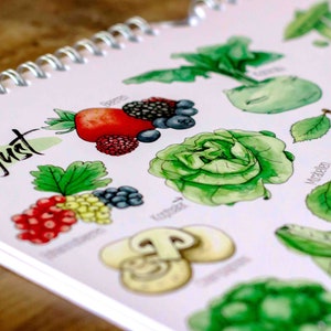 May include: A calendar page for August with watercolor illustrations of seasonal fruits and vegetables. The page features a pink background with the word "August" written in black cursive. The illustrations include strawberries, blueberries, raspberries, red currants, white currants, mushrooms, lettuce, kohlrabi, cherries, and apples.