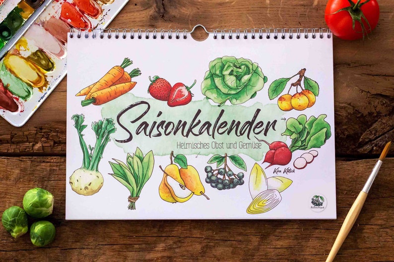 Perpetual seasonal calendar A4 with seasonal, local fruit and vegetables Sustainable watercolor illustrations special gift image 2