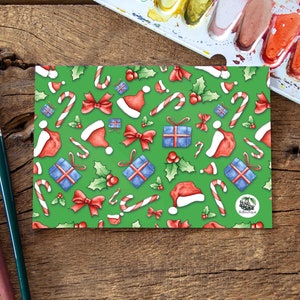 Postal navideña acuarela, A6, decoración, lámina, ilustración, regalo, dibujo, lazo, bastón de caramelo, muérdago, tarjeta regalo