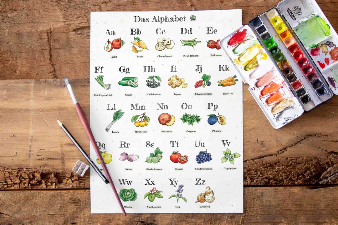 Alphabet Poster, A3, ABC, Obst und Gemüse, Kräuter, Gewürze, Dekoration