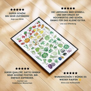 Gerahmtes Poster mit einem farbenfrohen Saisonkalender für Obst und Gemüse liegt auf einem Holzfußboden. Rundherum sind echte Kundenbewertungen mit fünf Sternen abgebildet. Die Stimmen loben Qualität, Farben, schnelle Lieferung und liebevolle Details. Ideal als Geschenk oder Küchenposter. Liebevoll illustriert. Nachhaltig produziert. Macht Lust auf saisonales Einkaufen.