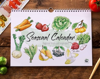 English seasonal calendar, A4, fruit and vegetables, print, illustration, gift, gift calendar 2024