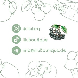May include: A hand-drawn illustration of various fruits and vegetables, including apples, carrots, cherries, broccoli, peppers, and mushrooms. The illustration is in black and white with green accents. The image also includes social media icons and contact information for @illubtq and illuBoutique.
