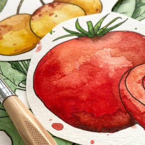 May include: Watercolor painting of a red tomato and a sliced tomato on a white background. The tomato is painted with a light red color and has a green stem. The sliced tomato is painted with a darker red color and has a yellow center.