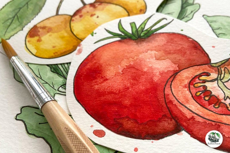 May include: Watercolor painting of a red tomato and a sliced tomato on a white background. The tomato is painted with a light red color and has a green stem. The sliced tomato is painted with a darker red color and has a yellow center.
