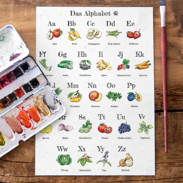 Alphabet Poster, A4, ABC, Obst Gemüse, Kräuter, Gewürze, Illustration, Aquarell, Kind, back to school, Schulstart, Geschenk